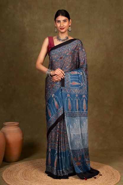 Indigo Pine Ajrakh Modal Silk Saree