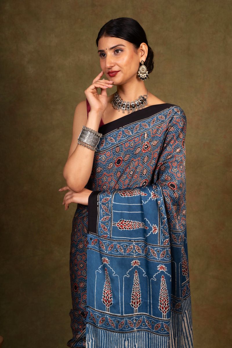 Indigo Pine Ajrakh Modal Silk Saree