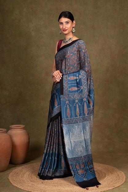 Indigo Pine Ajrakh Modal Silk Saree