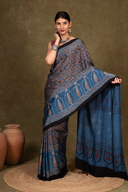 Indigo Pine Ajrakh Modal Silk Saree