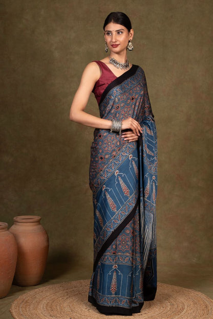 Indigo Pine Ajrakh Modal Silk Saree