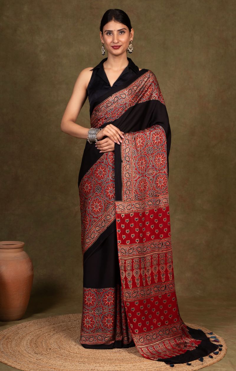 Black By Red Jaal Ajrakh Modal Silk Saree
