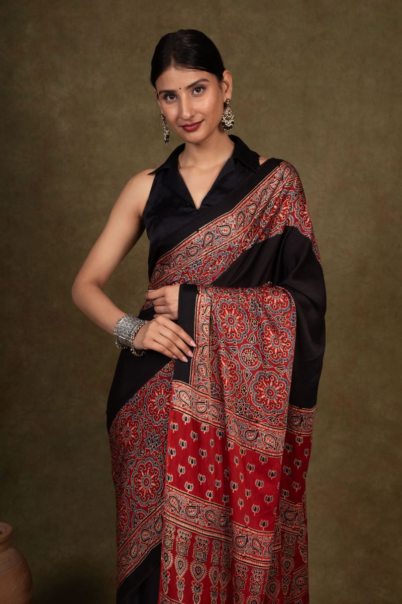 Black By Red Jaal Ajrakh Modal Silk Saree