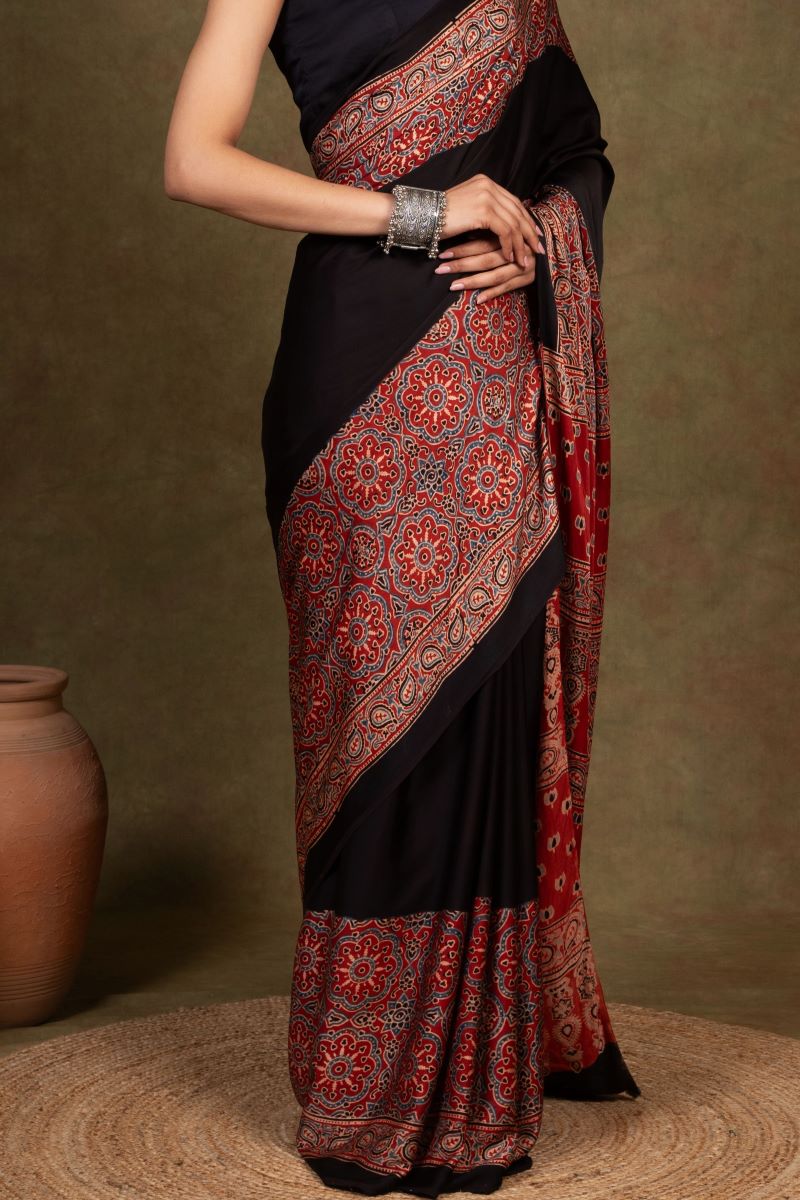 Black By Red Jaal Ajrakh Modal Silk Saree