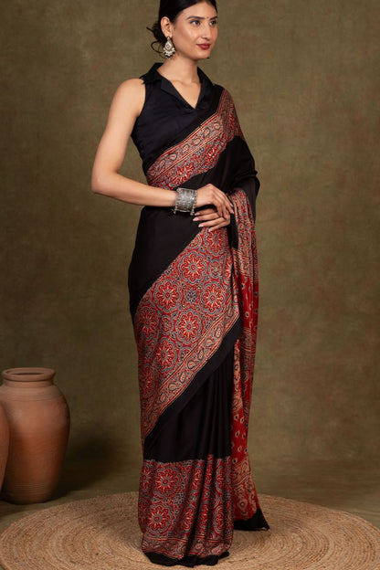 Black By Red Jaal Ajrakh Modal Silk Saree