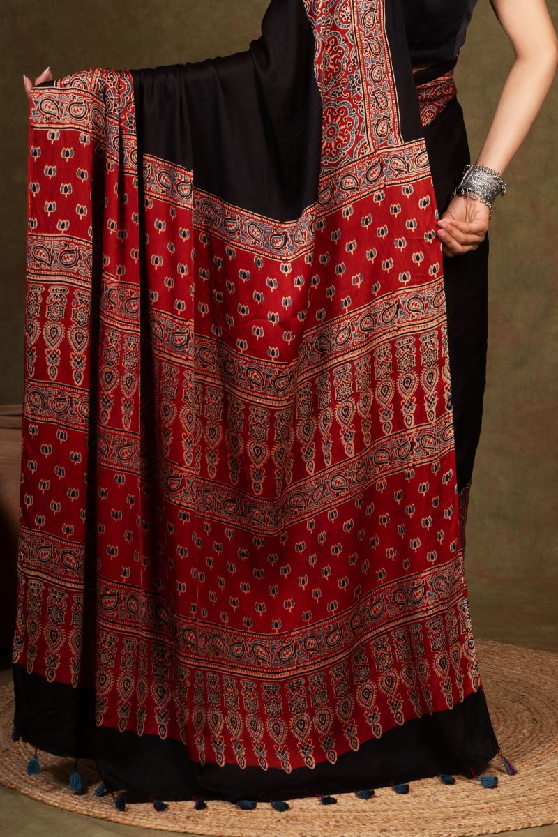 Black By Red Jaal Ajrakh Modal Silk Saree