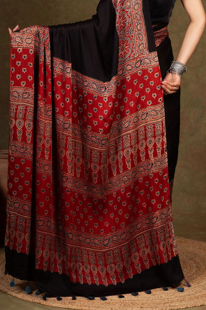 Black By Red Jaal Ajrakh Modal Silk Saree