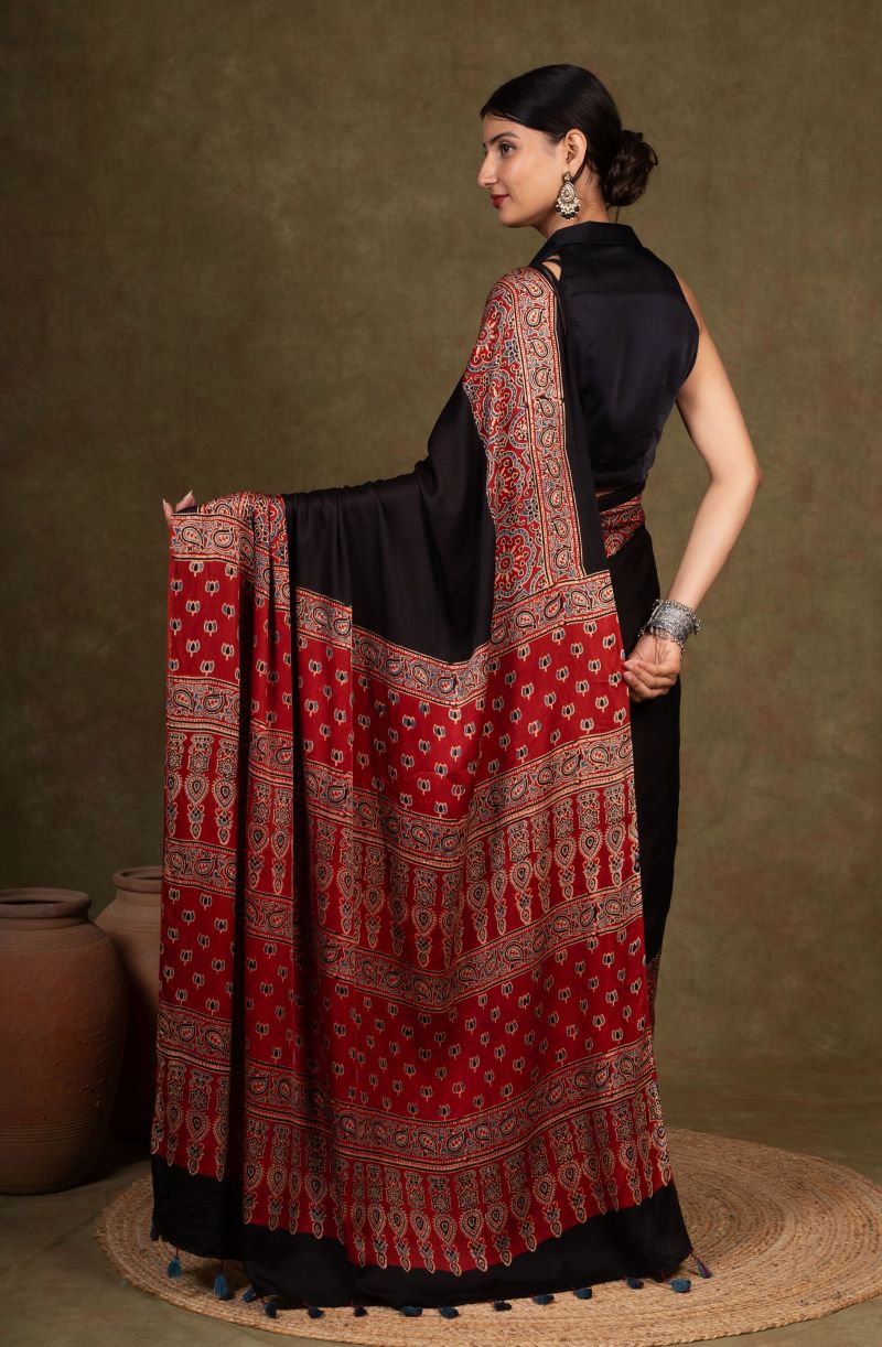 Black By Red Jaal Ajrakh Modal Silk Saree
