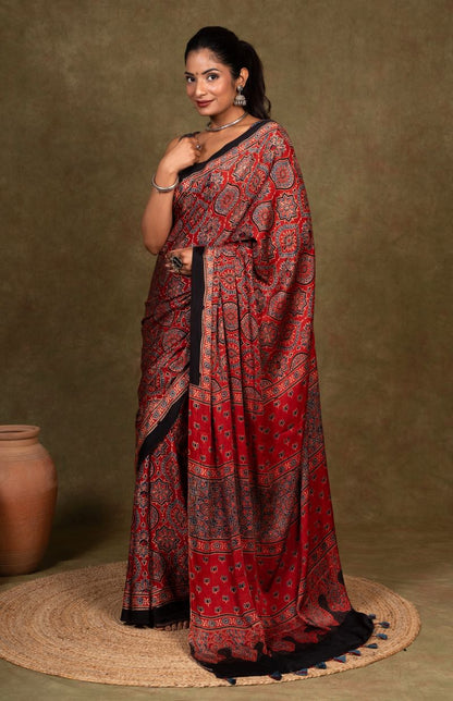 Red String Minkundi Ajrakh Modal Silk Saree