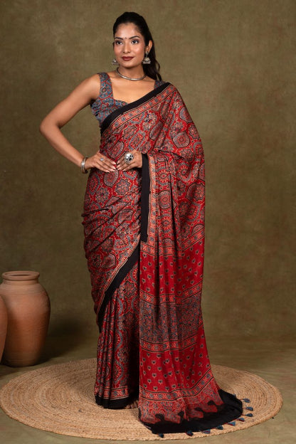 Red String Minkundi Ajrakh Modal Silk Saree