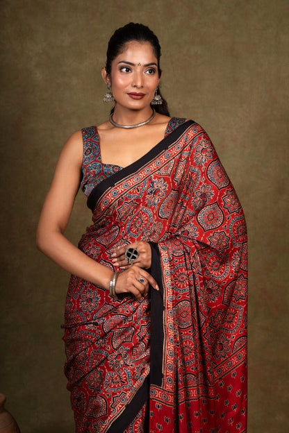 Red String Minkundi Ajrakh Modal Silk Saree