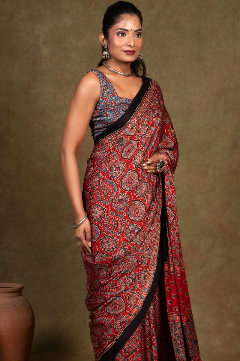 Red String Minkundi Ajrakh Modal Silk Saree