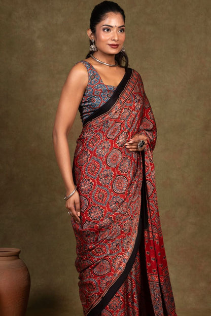 Red String Minkundi Ajrakh Modal Silk Saree