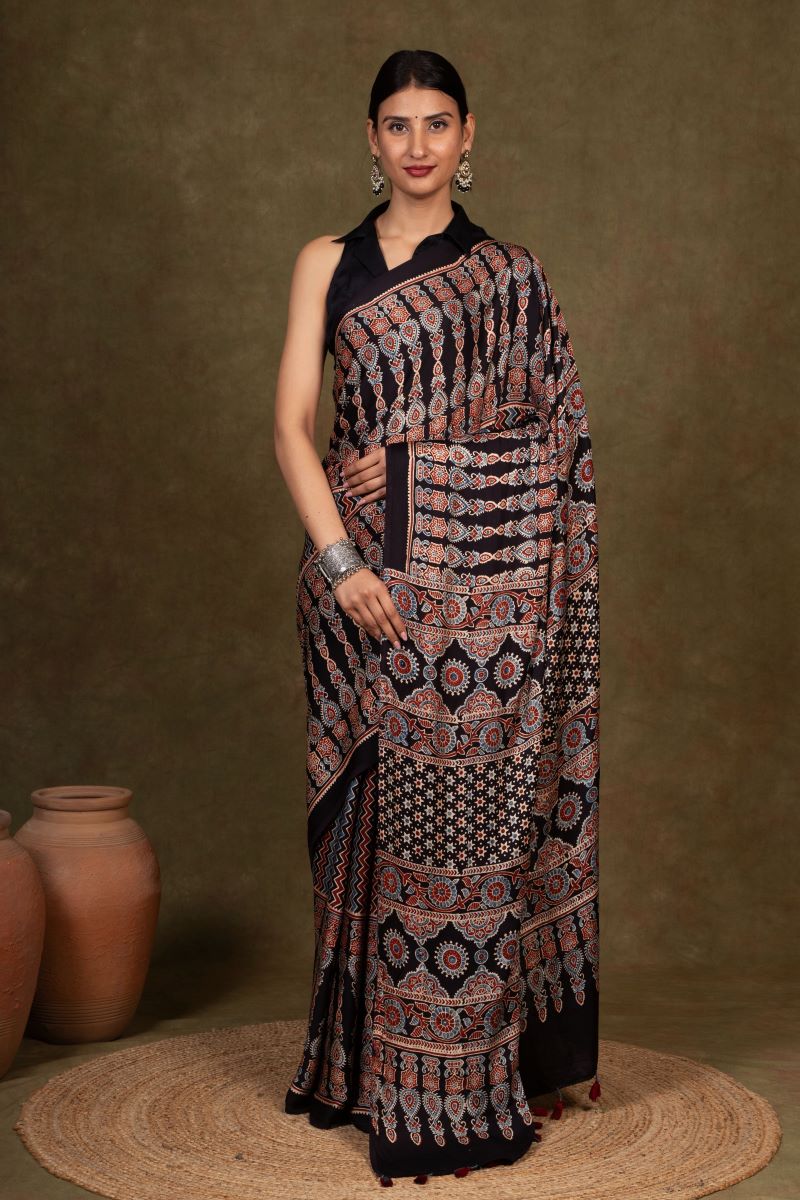 Black Chevron Arrow Ajrakh Modal Silk Saree