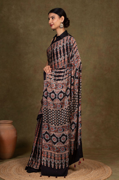 Black Chevron Arrow Ajrakh Modal Silk Saree