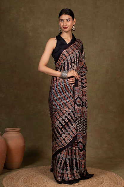 Black Chevron Arrow Ajrakh Modal Silk Saree