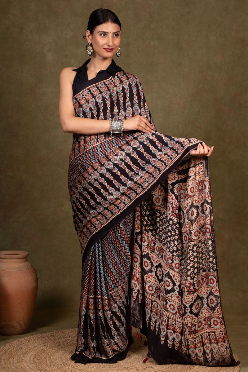 Black Chevron Arrow Ajrakh Modal Silk Saree