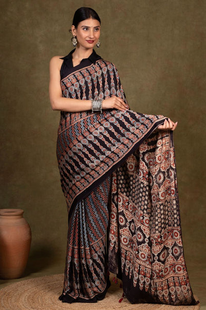 Black Chevron Arrow Ajrakh Modal Silk Saree