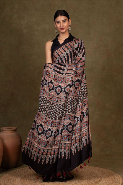 Black Chevron Arrow Ajrakh Modal Silk Saree