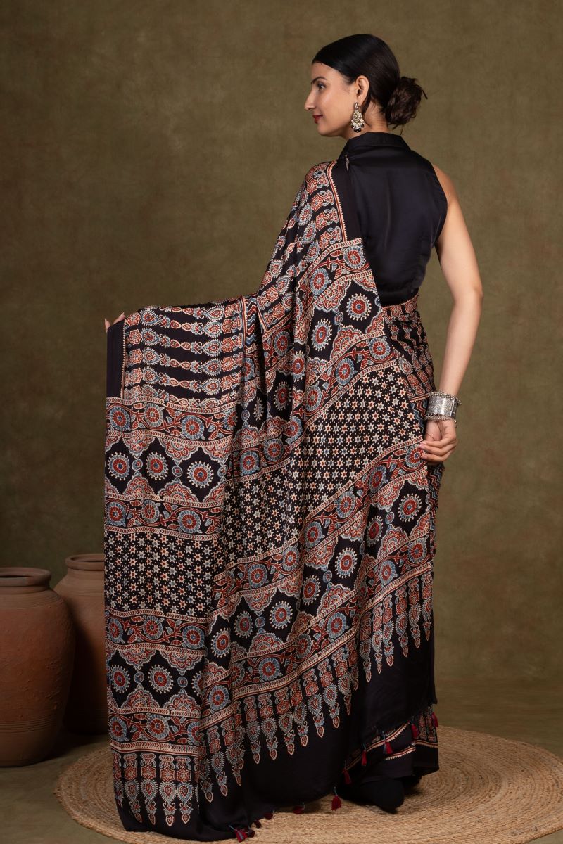 Black Chevron Arrow Ajrakh Modal Silk Saree