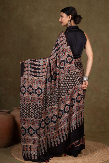 Black Chevron Arrow Ajrakh Modal Silk Saree