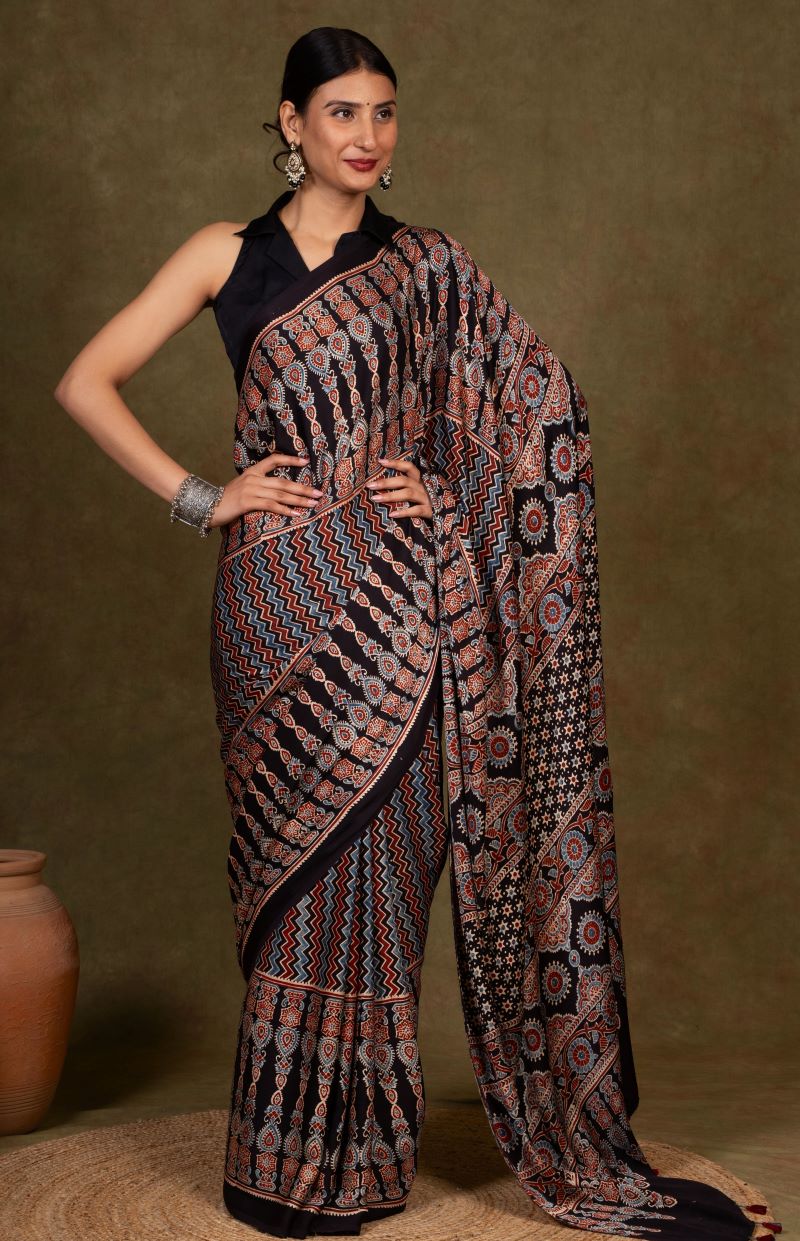 Black Chevron Arrow Ajrakh Modal Silk Saree