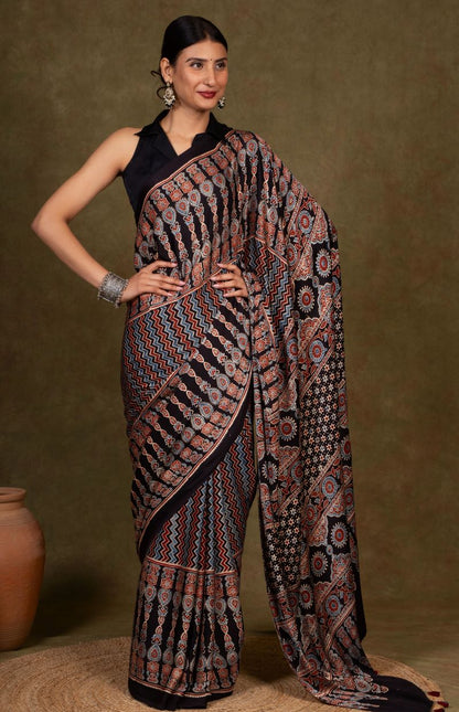 Black Chevron Arrow Ajrakh Modal Silk Saree