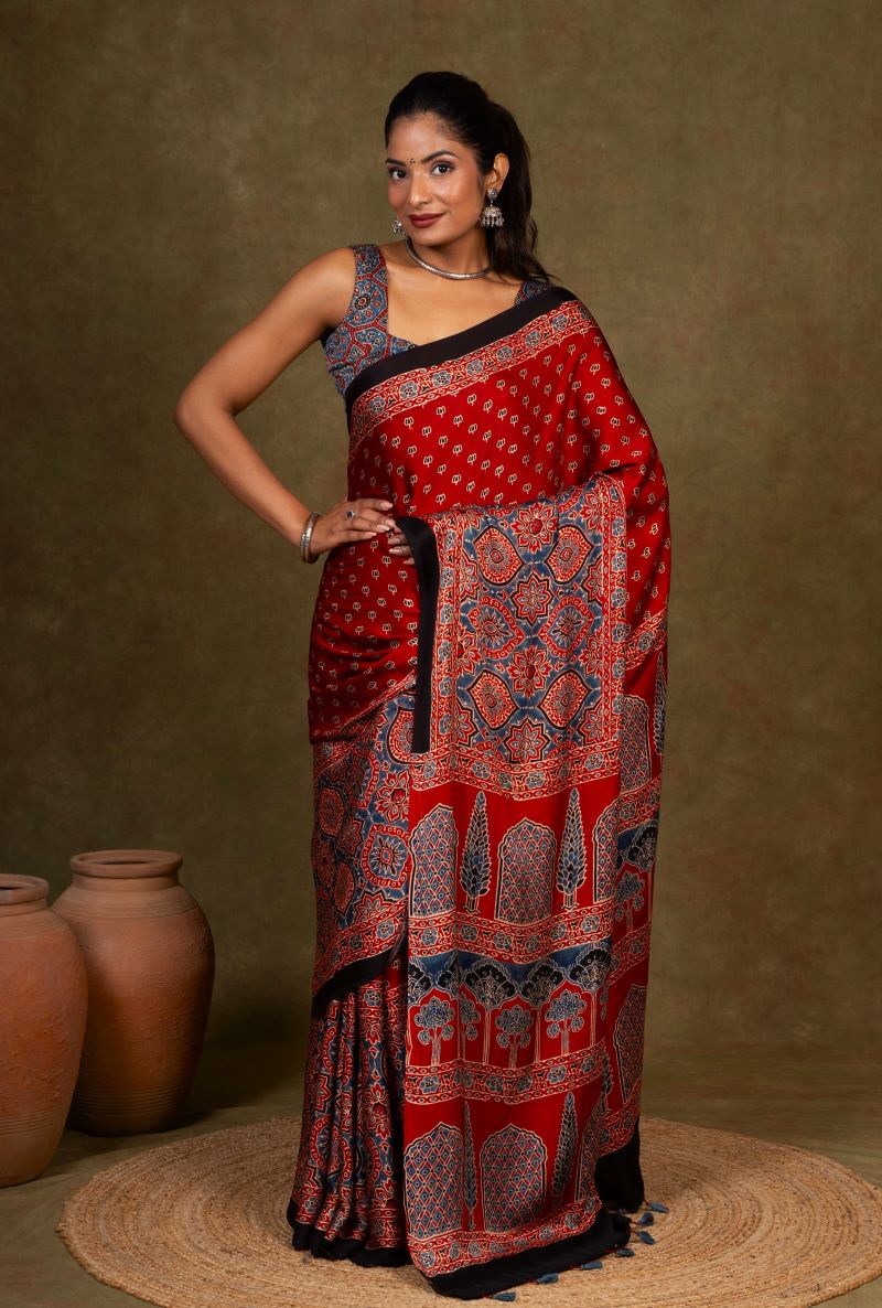 Red Buti By String Ajrakh Modal Silk Saree