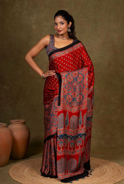 Red Buti By String Ajrakh Modal Silk Saree