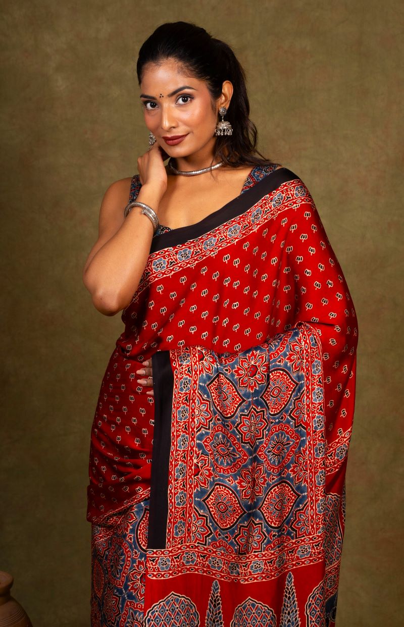 Red Buti By String Ajrakh Modal Silk Saree