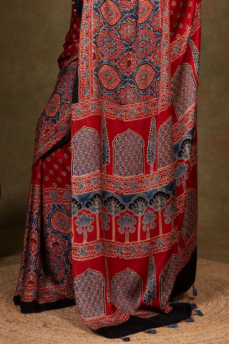 Red Buti By String Ajrakh Modal Silk Saree