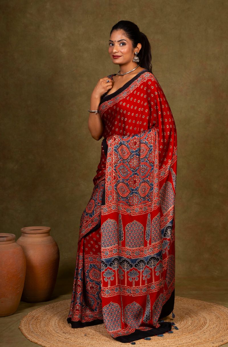 Red Buti By String Ajrakh Modal Silk Saree