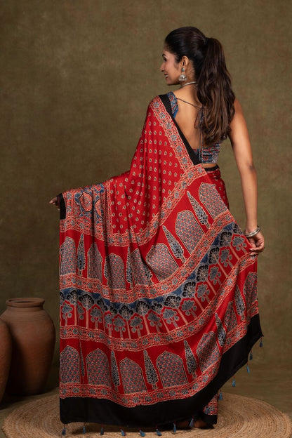 Red Buti By String Ajrakh Modal Silk Saree