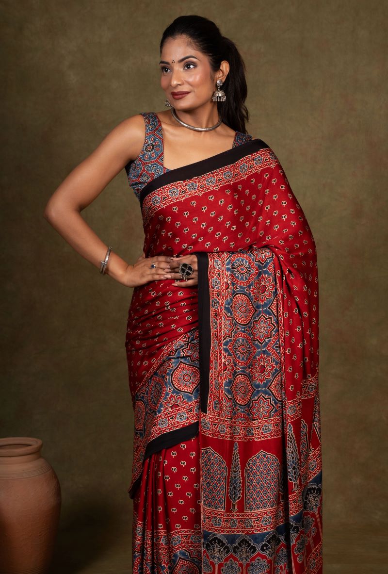 Red Buti By String Ajrakh Modal Silk Saree