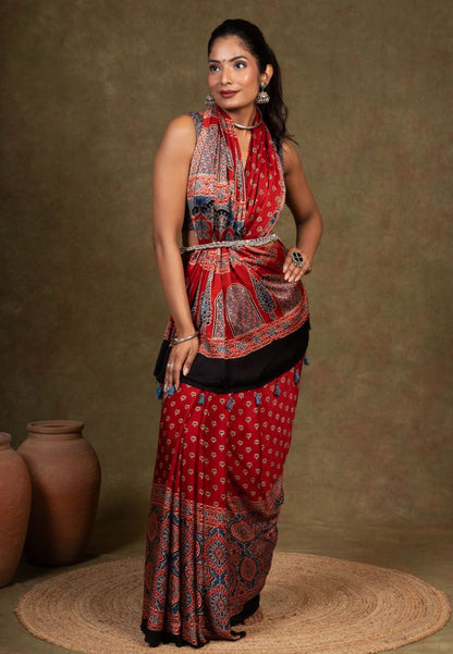 Red Buti By String Ajrakh Modal Silk Saree