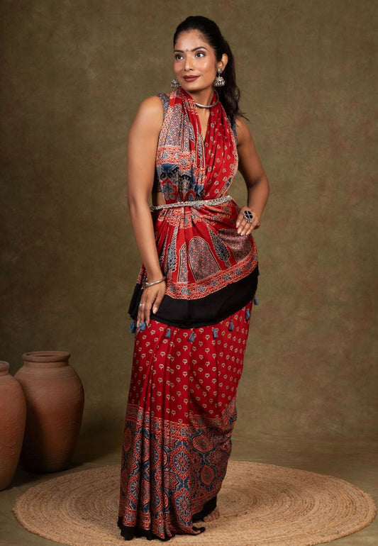 Red Buti By String Ajrakh Modal Silk Saree