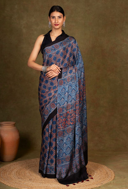 Indigo Hexa String Ajrakh Modal Silk Saree