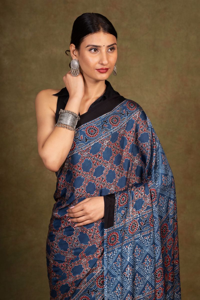 Indigo Hexa String Ajrakh Modal Silk Saree