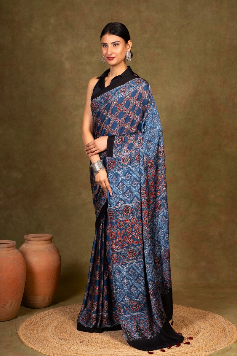 Indigo Hexa String Ajrakh Modal Silk Saree