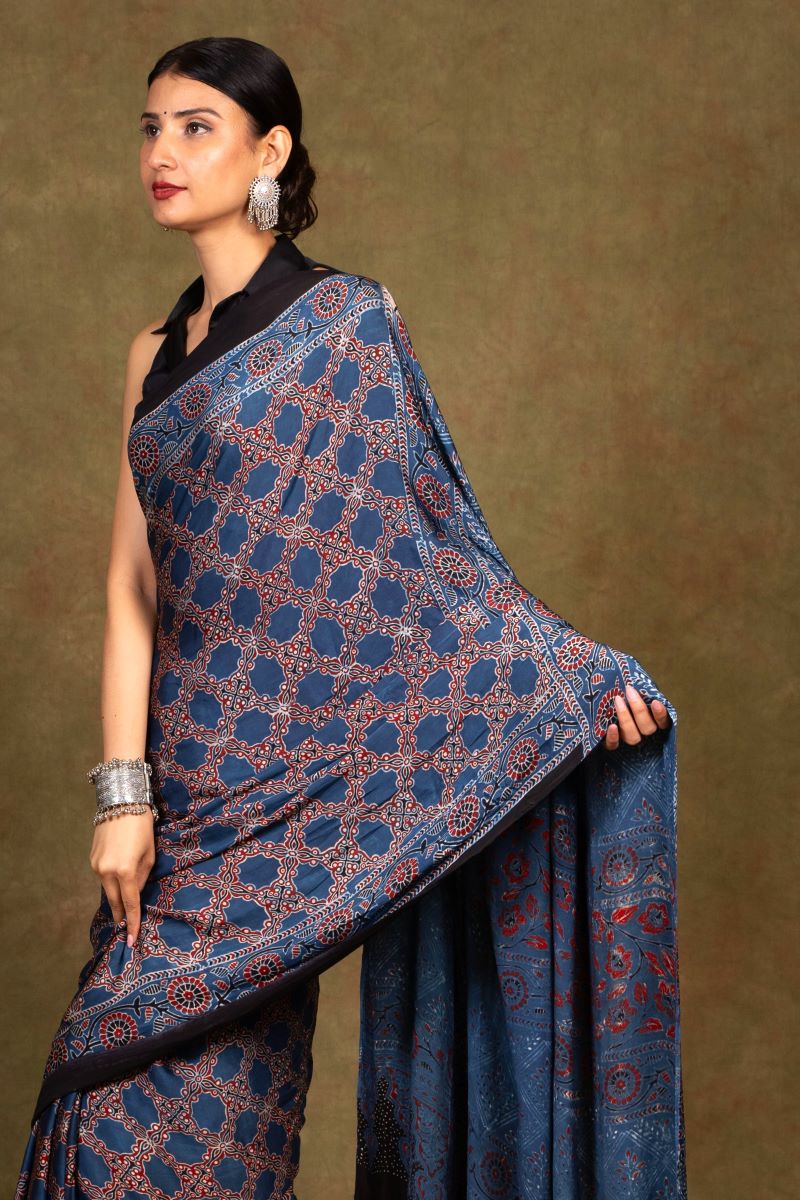 Indigo Hexa String Ajrakh Modal Silk Saree