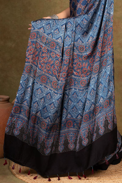 Indigo Hexa String Ajrakh Modal Silk Saree