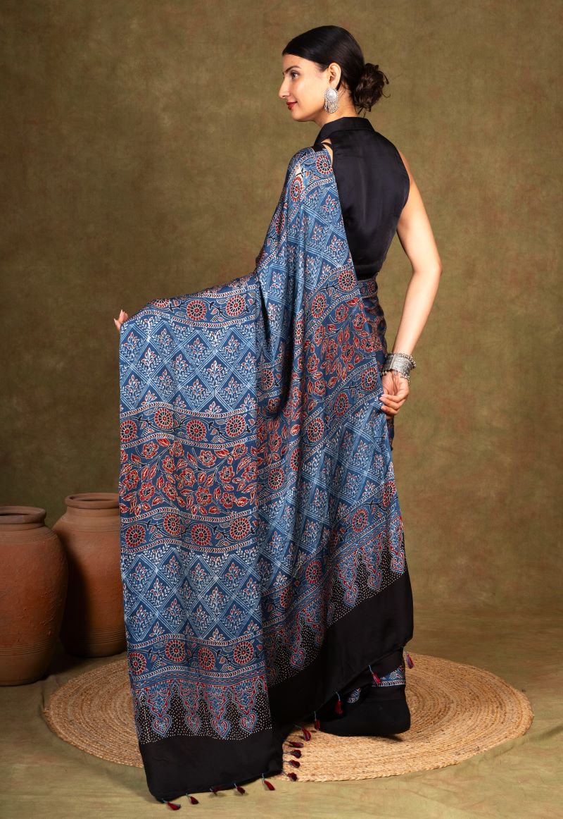 Indigo Hexa String Ajrakh Modal Silk Saree
