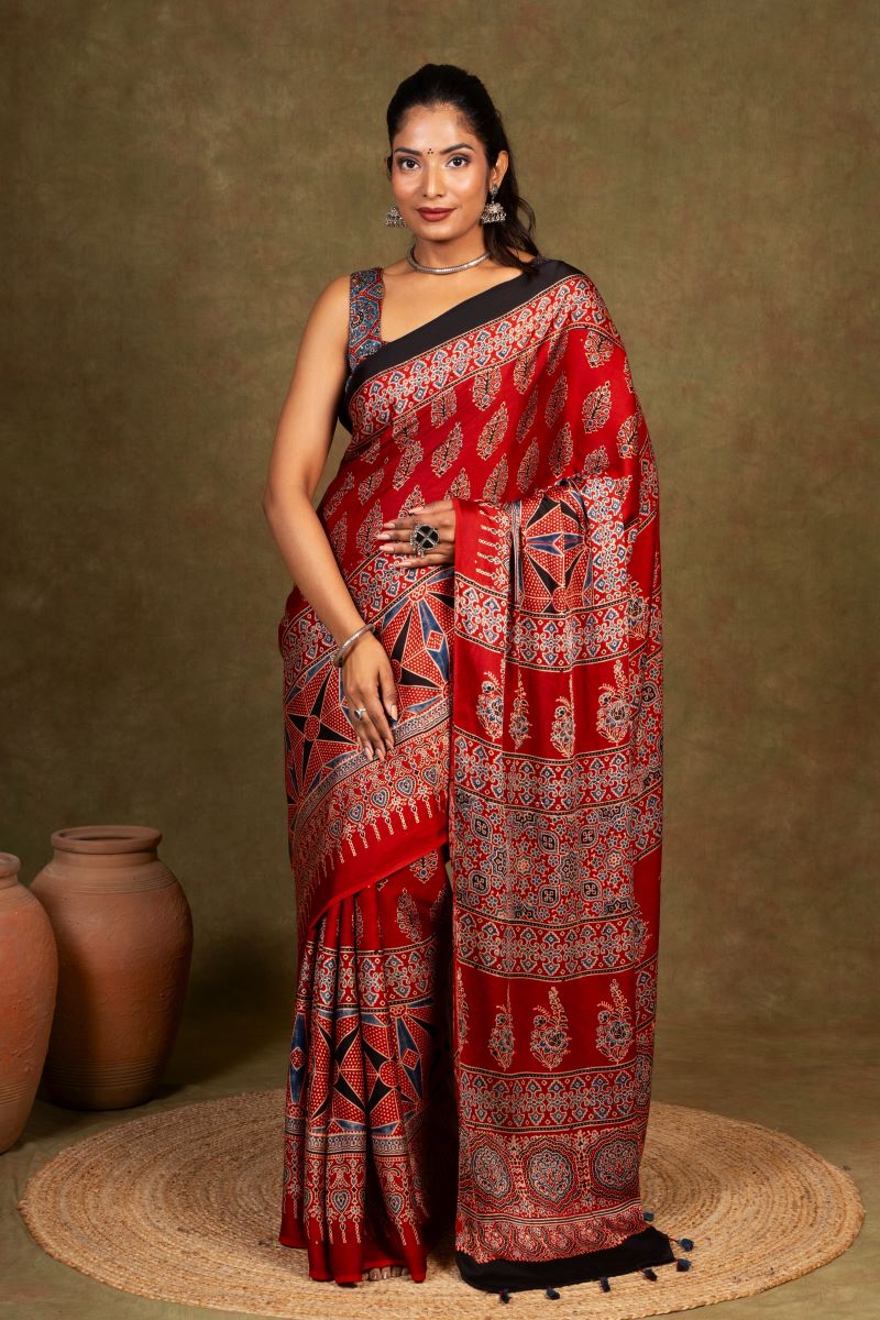 Red Flora Rombii Ajrakh Modal Silk Saree