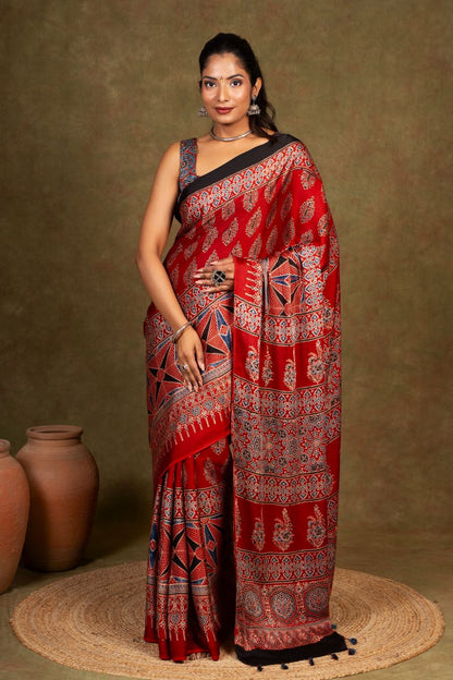 Red Flora Rombii Ajrakh Modal Silk Saree