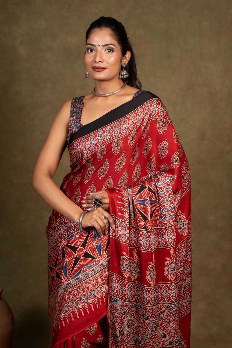 Red Flora Rombii Ajrakh Modal Silk Saree