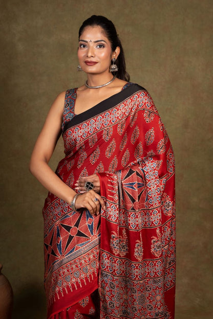 Red Flora Rombii Ajrakh Modal Silk Saree