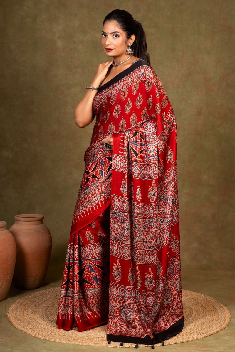 Red Flora Rombii Ajrakh Modal Silk Saree