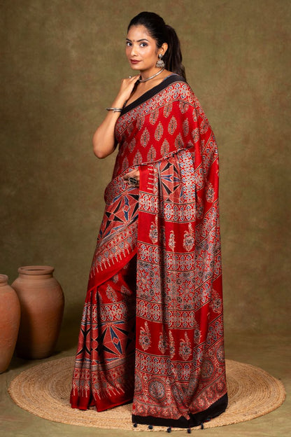 Red Flora Rombii Ajrakh Modal Silk Saree
