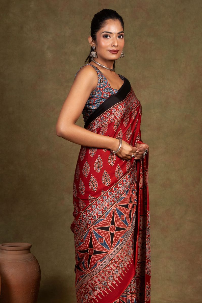 Red Flora Rombii Ajrakh Modal Silk Saree
