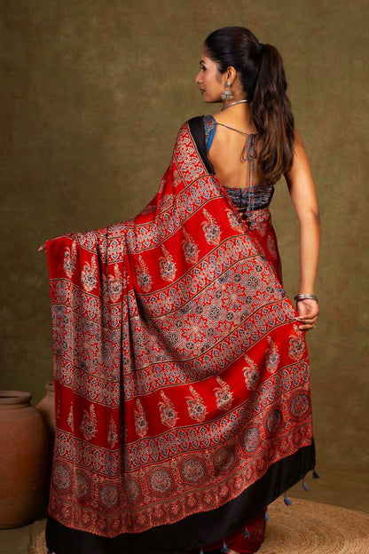 Red Flora Rombii Ajrakh Modal Silk Saree